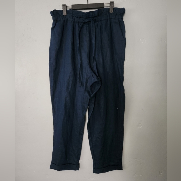 Donna Karen New York 100% Linen Wide Leg High Waist Paperbag Navy Pants - Picture 1 of 7